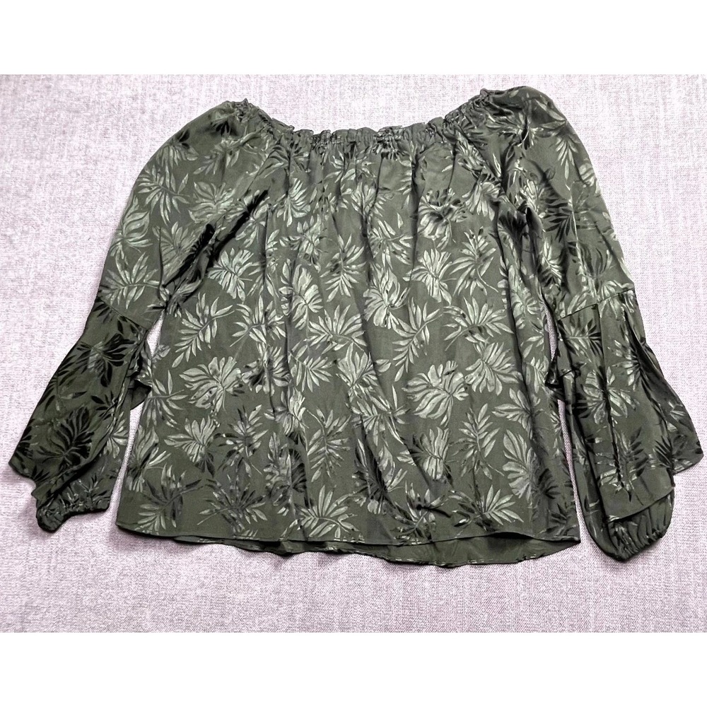 Michael Kors Blouse Top Womens Large Olive Green Floral Ruffle Sleeve Boat Neck - Picture 9 of 14